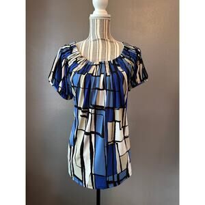 Style & Co Womens XL Blue Abstract Print Blouse Short Sleeve Pleated Top